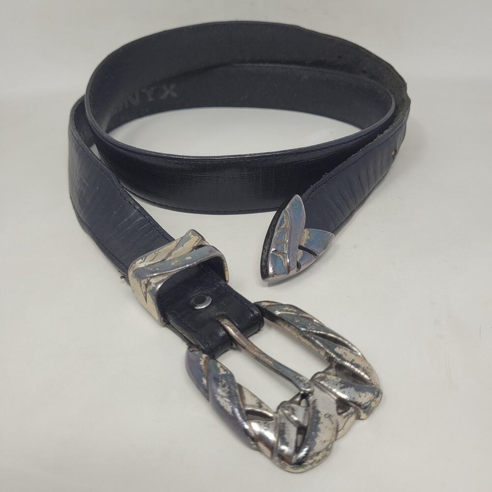 Vintage Onyx Brighton Belt 34 Black Leather‎ Western Silver Buckle Cowboy 90s